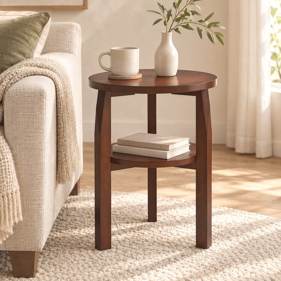 Two Round Table Solterielle Solid Rubberwood Round End Table, 2-Tier Side Table with ...