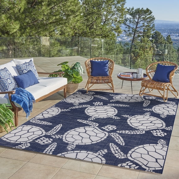 Solterra Bao Indoor/ Outdoor Polypropylene Navy/ White Flat Weave Area Rug, 5x8
