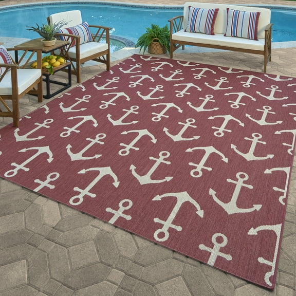Solterra Dockside Indoor/ Outdoor Polypropylene Red Flat Weave Area Rug, 2x6