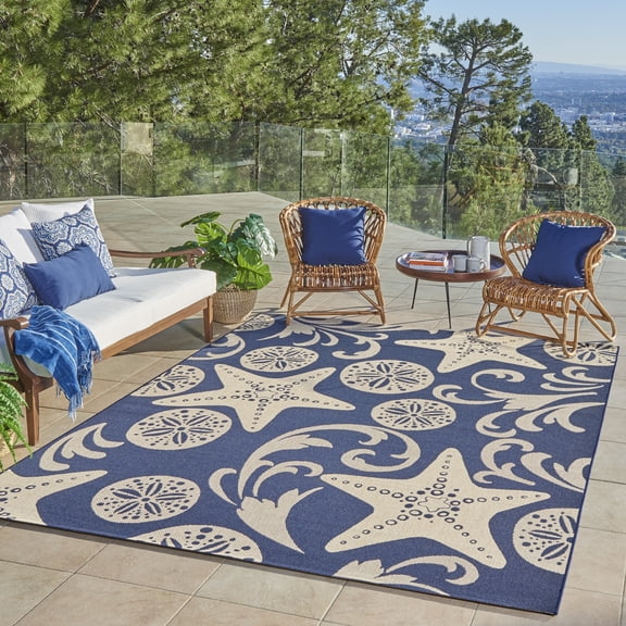 Solterra Marella Indoor/ Outdoor Polypropylene Navy Flat Weave Area Rug, 5x8
