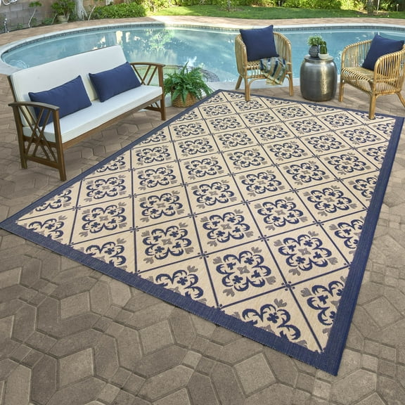 Solterra Medina Indoor/ Outdoor Polypropylene Navy Flat Weave Area Rug, 5x8