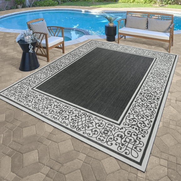 Solterra Portico Indoor/ Outdoor Polypropylene Black Flat Weave Area Rug, 6x9