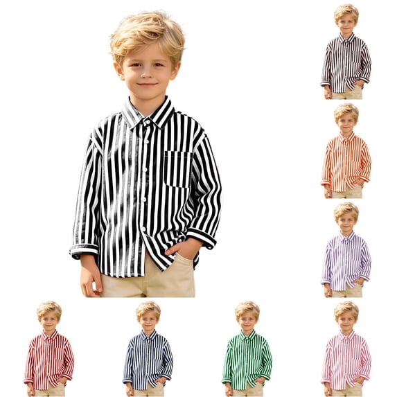 Solthread Boys Button Down Shirt Vertical Stripe Pattern Chest Pocket Long Sleeve Collared Casual Shirts
