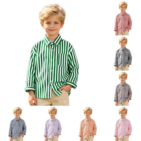 Solthread Boys Button Down Shirt Vertical Stripe Pattern Chest Pocket Long Sleeve Collared Casual Shirts