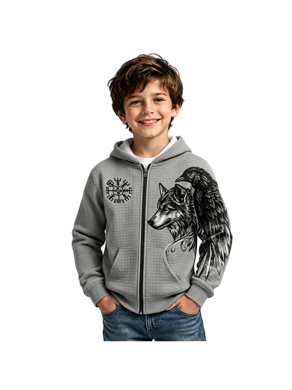 Boys Zip Up Hoodie Wolf Graphic Long Sleeves Front Pockets Casual Jacket Outerwear for Everyday Layering