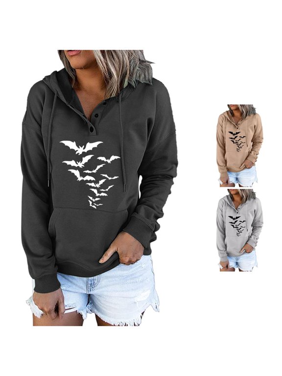 Halloween Womens Bat Hoodie Flying Bat Swarm Graphic Print Zip Front Long Sleeve Jacket and Pocket for Autumn Weekends and Halloween Gatherings