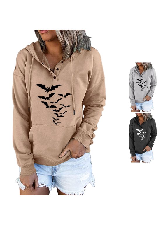 Halloween Womens Bat Hoodie Flying Bat Swarm Graphic Print Zip Front Long Sleeve Jacket and Pocket for Autumn Weekends and Halloween Gatherings
