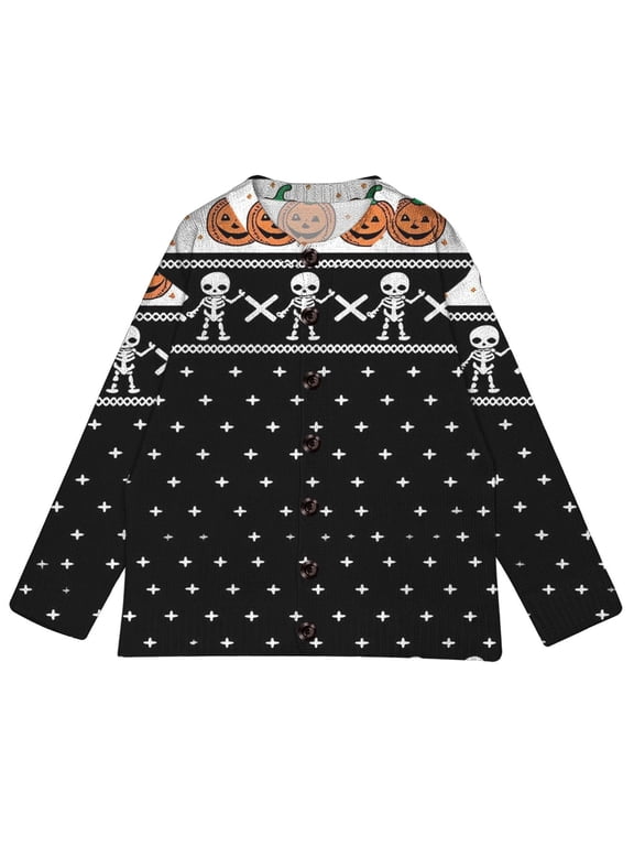 Halloween Womens Crewneck Cardigan Halloween Skeleton Bone Jack O Lantern Fair Isle Print Long Sleeve Button Up Casual Sweater Coats