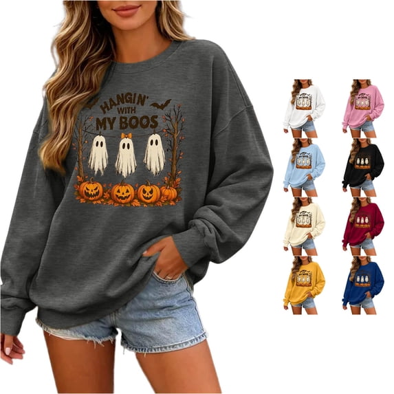 Solthread Halloween Womens Ghost Sweatshirt Hangin With My Boos Three Ghosts And Pumpkins Graphic Print Long Sleeve Pullover for Autumn Travel and Festive Gatherings Tops