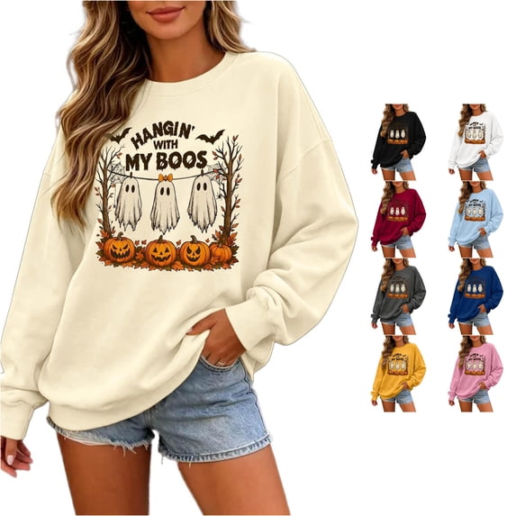 Solthread Halloween Womens Ghost Sweatshirt Hangin With My Boos Three Ghosts And Pumpkins Graphic Print Long Sleeve Pullover for Autumn Travel and Festive Gatherings Tops