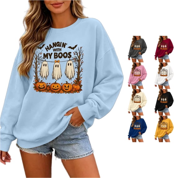 Solthread Halloween Womens Ghost Sweatshirt Hangin With My Boos Three Ghosts And Pumpkins Graphic Print Long Sleeve Pullover for Autumn Travel and Festive Gatherings Tops