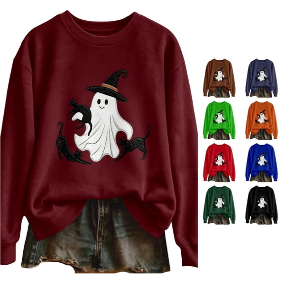 Solthread Halloween Womens Ghost Sweatshirt Witch Hat Ghost Surrounded By Three Cats Graphic Print Crewneck Long Sleeve Top for Casual Fall Outfits