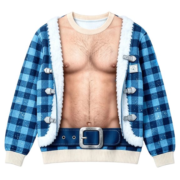 Solthread Mens Christmas Sweatshirt Muscle Chest Print Plaid Jacket Illusion Crewneck Long Sleeve Tops