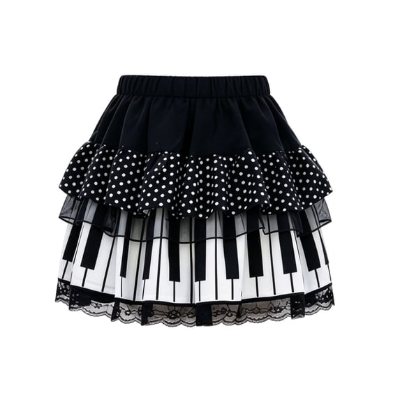 Short Ruffle Skrit Solthread Piano Key Skirt Polka Dot Ruffle Layer Mesh Overlay Lace Hem ...