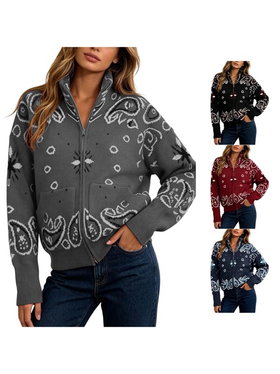 Womens Bandana Print Jacket Zip Front Stand Collar Long Sleeves Casual Sweater Outerwear for Seasonal Styling
