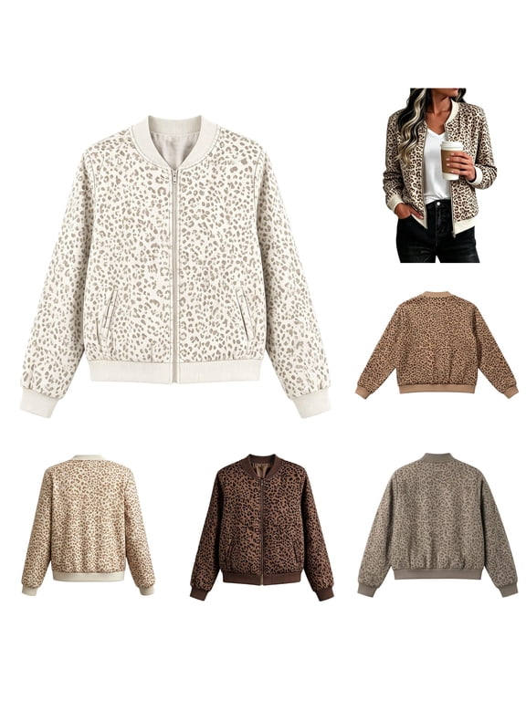 Womens Bomber Jacket Leopard Print Cheetah Print Long Sleeve Ribbed Trim Casual Zip Up Outerwear