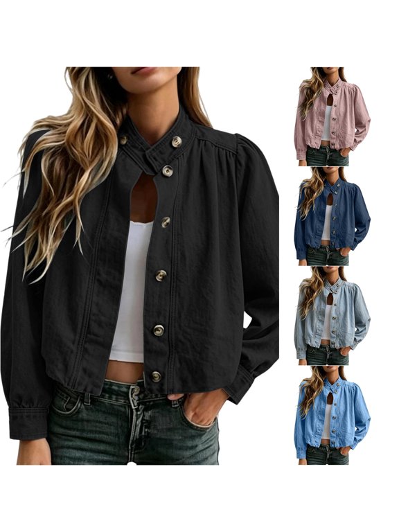 Womens Button Front Jacket Cross Neck Detail Long Puff Sleeves Cropped Casual Layering Outerwear