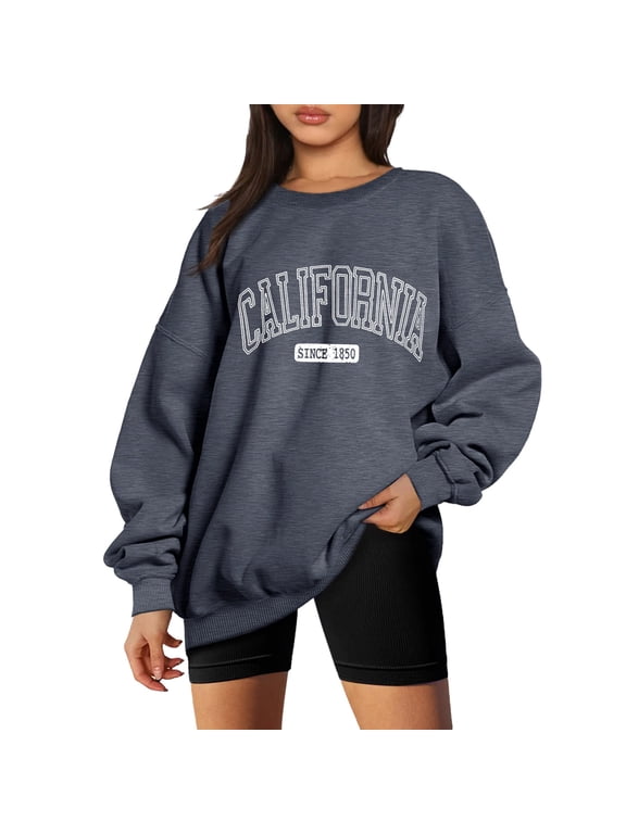 Womens California Text Print Sweatshirt Crew Neck Long Sleeve Collegiate Graphic Everyday Casual Style Comfortable Layering Sweatshirts