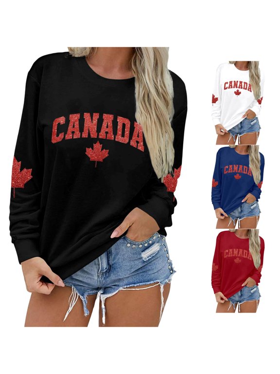 Womens Canada Graphic Sweatshirt Crewneck Long Sleeve Maple Leaf Letter Print Casual Pullover Top for Women