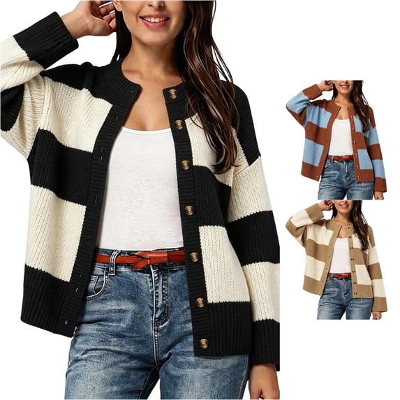 Solthread Womens Cardigan Wide Stripe Colorblock Button Front Long Sleeve Crew Neck Patch Pockets Casual Cardigans