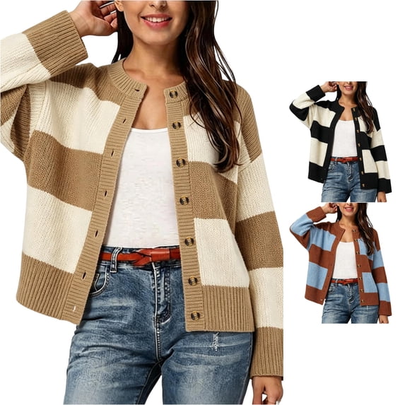 Solthread Womens Cardigan Wide Stripe Colorblock Button Front Long Sleeve Crew Neck Patch Pockets Casual Cardigans