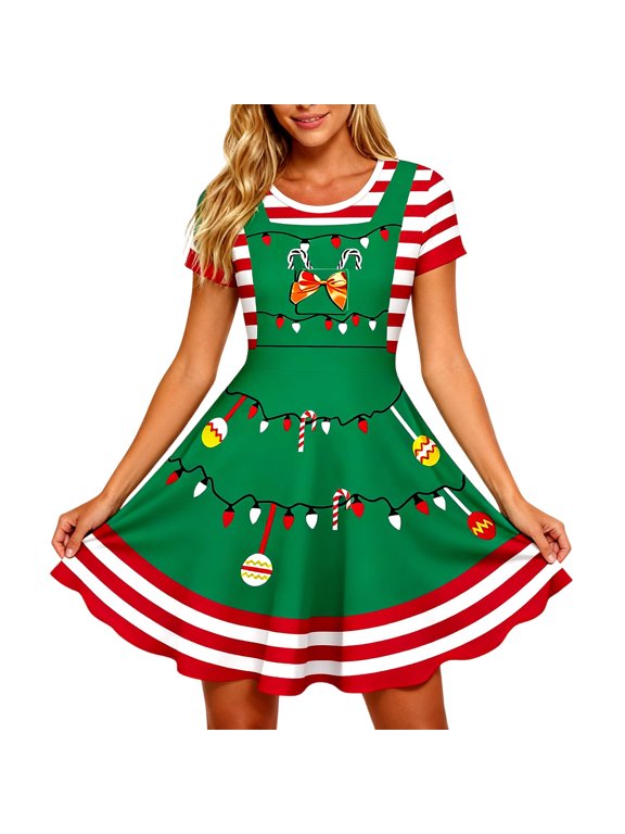 Womens Christmas Dress Elf Overall Illusion And Festive Light Print Crew Neck Short Sleeve Swing Party Dress