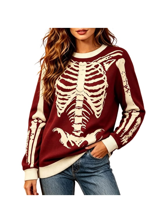 Womens Crewneck Sweater Long Sleeve Skeleton Ribcage Bone Graphic Print Halloween Sweaters