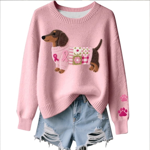 Solthread Womens Dachshund Awareness Ribbon Print Sweater Crew Neck Long Sleeve Dog Graphic Casual Outdoor Style Comfortable Pullover Sweaters