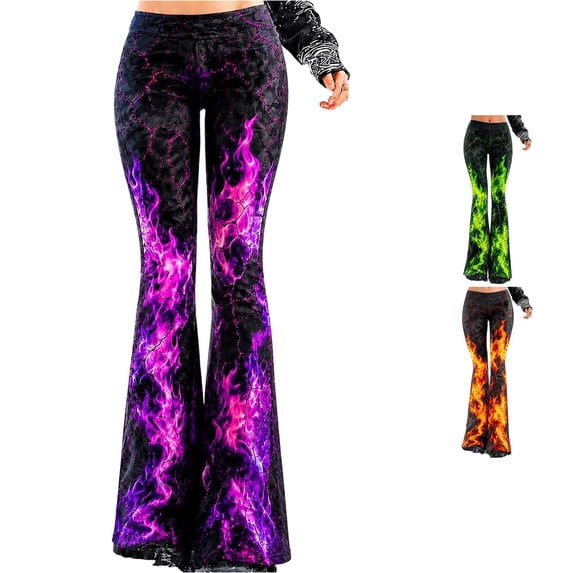 Solthread Womens Flame Print Flare Pants High Waist Full Length Bell ...