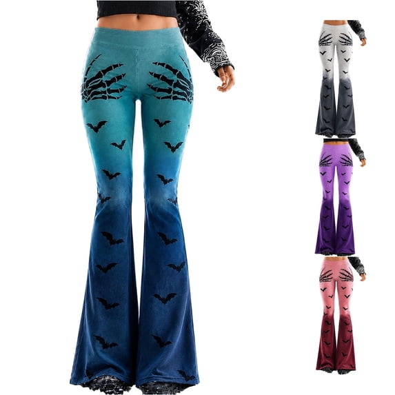 Solthread Womens Flare Pants Halloween Bat Claw Graphic Print High Waist Bell Bottom Lace Gothic Trousers