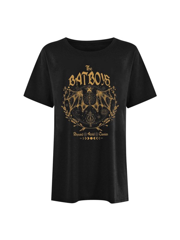 Womens Gothic Graphic Tunic Crewneck Short Sleeve Bat Occult Print Relaxed Fit Alternative Graphic Tops