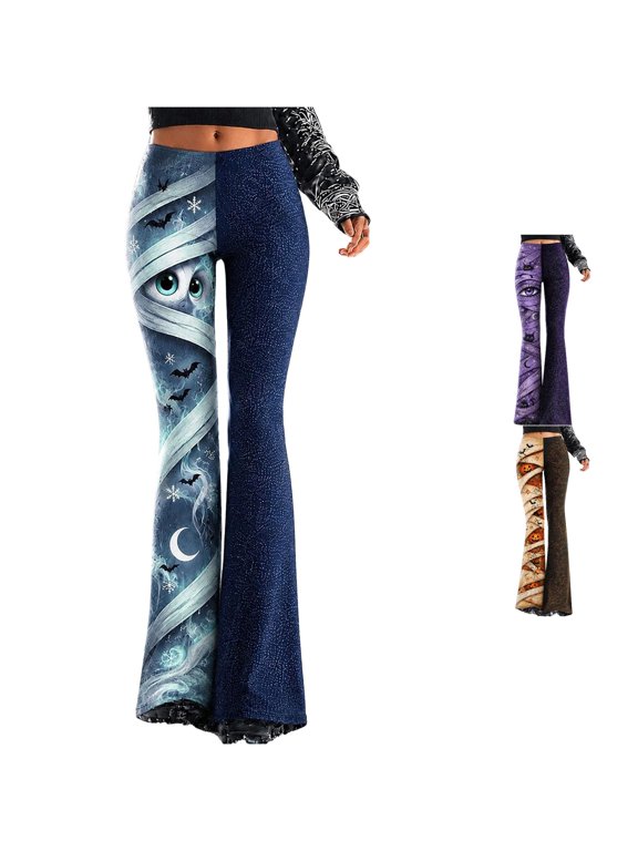 Womens Halloween Flare Pants Mystic Eye Cat Moon Print High Waist Gothic Bell Bottom Trousers Party Pants