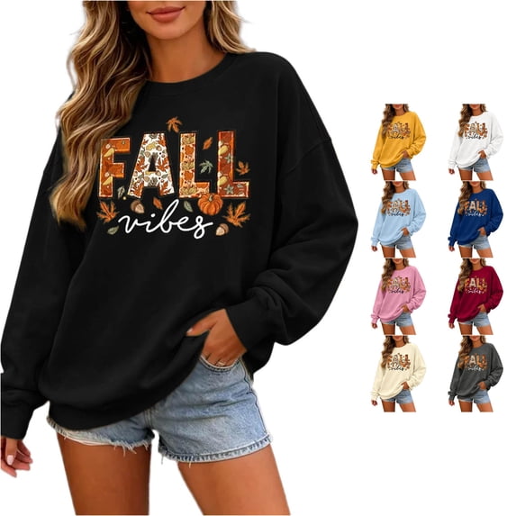 Solthread Womens Halloween Sweatshirt With Fall Vibes Patchwork Letters And Leaves Everyday Crewneck Pullover for Cool Autumn Weekends and Festive Casual Tops