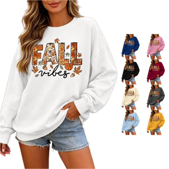 Solthread Womens Halloween Sweatshirt With Fall Vibes Patchwork Letters And Leaves Everyday Crewneck Pullover for Cool Autumn Weekends and Festive Casual Tops