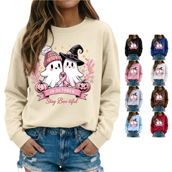 Solthread Womens Halloween Sweatshirt In October Stay Bootiful Ribbon Ghost Pair Graphic Print Everyday Crewneck Pullover for Cool Autumn Weekends and Festive Casual Tops