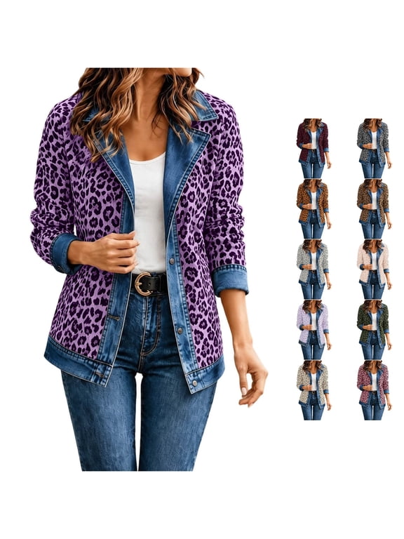 Womens Jacket Long Sleeve Open Front Leopard Print Cheetah Print Jacket Denim Contrast Casual Outerwear