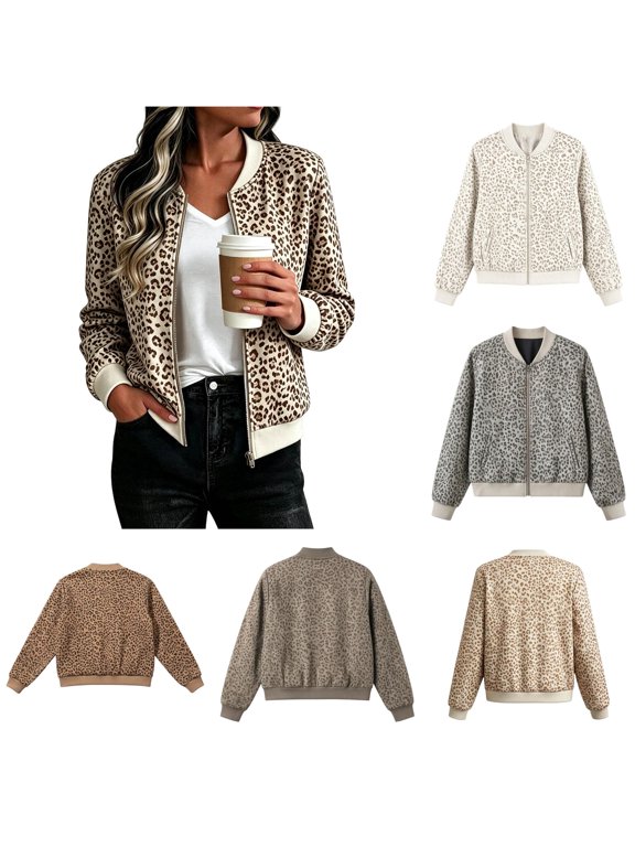 Womens Jacket Neck Long Sleeve Cropped Leopard Print Cheetah Print Sweatshirt Casual Outerwear
