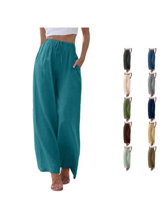 Womens Maxi Palazzo Pants Elastic Drawstring Waist Side Pockets Extra Wide Leg Office Casual Workwear Style Flowy Trousers