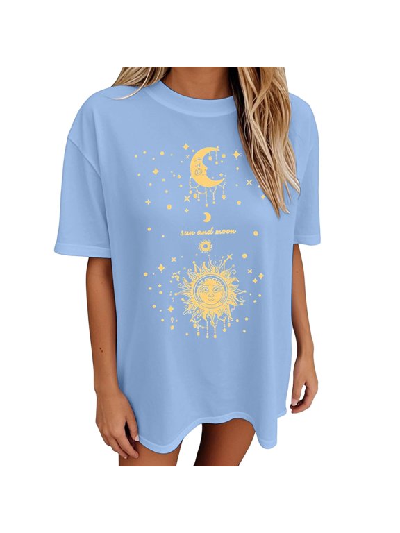 Womens Oversized T Shirt Celestial Sun Moon Graphic Print Short Sleeve Longline Hem Crew Neck Bohemian Casual Outfit Casual Tops