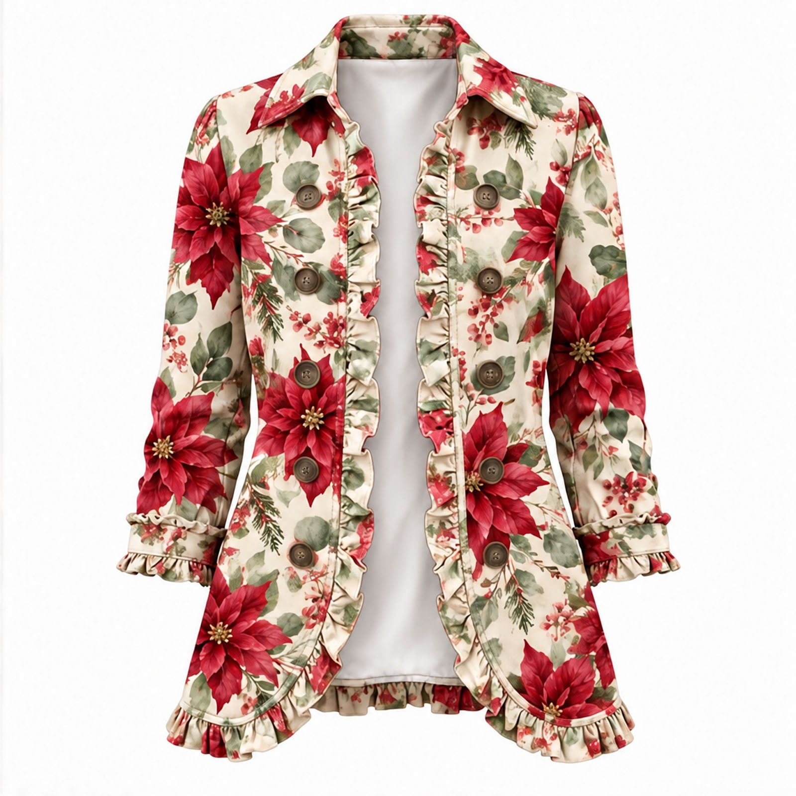 Solthread Womens Plus Size Christmas Coat Poinsettia Floral Berry Print ...