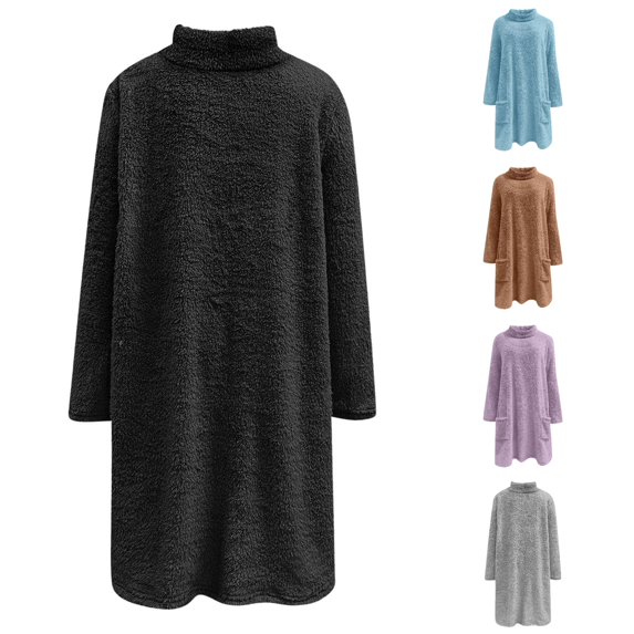 Solthread Womens Sherpa Tunic Sweatshirt Turtleneck Long Sleeve Side Pockets Pullover Casual Travel Outfit Relaxed Wardrobe Tops