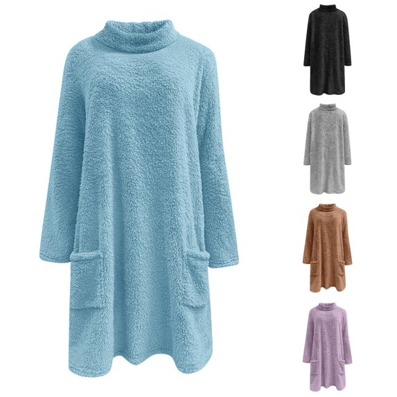 Solthread Womens Sherpa Tunic Sweatshirt Turtleneck Long Sleeve Side Pockets Pullover Casual Travel Outfit Relaxed Wardrobe Tops