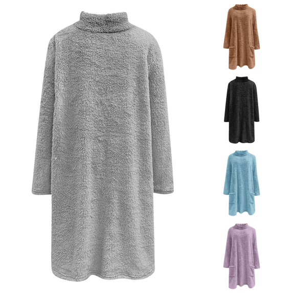 Solthread Womens Sherpa Tunic Sweatshirt Turtleneck Long Sleeve Side Pockets Pullover Casual Travel Outfit Relaxed Wardrobe Tops
