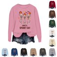 thumbnail image 1 of Solthread Womens Skeleton Sweatshirt Have A Spooky Day Three Dancing Skeletons Graphic Print Casual Crewneck Pullover for Autumn Outings and Halloween Night Graphic Tops, 1 of 4