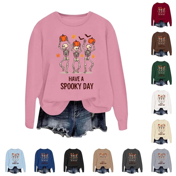 Solthread Womens Skeleton Sweatshirt Have A Spooky Day Three Dancing Skeletons Graphic Print Casual Crewneck Pullover for Autumn Outings and Halloween Night Graphic Tops