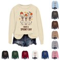thumbnail image 1 of Solthread Womens Skeleton Sweatshirt Have A Spooky Day Three Dancing Skeletons Graphic Print Casual Crewneck Pullover for Autumn Outings and Halloween Night Graphic Tops, 1 of 4