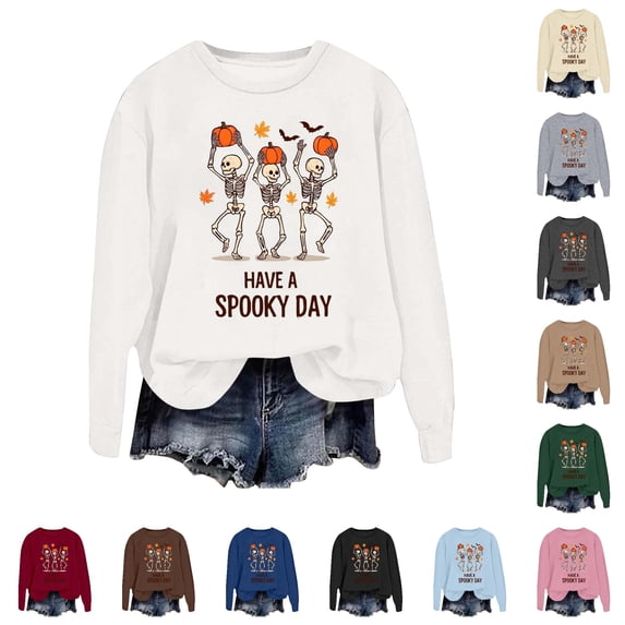 Solthread Womens Skeleton Sweatshirt Have A Spooky Day Three Dancing Skeletons Graphic Print Casual Crewneck Pullover for Autumn Outings and Halloween Night Graphic Tops
