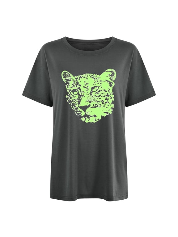Womens T Shirt Leopard Face Graphic Print Short Sleeve Oversized Fit Crew Neck Casual Tops
