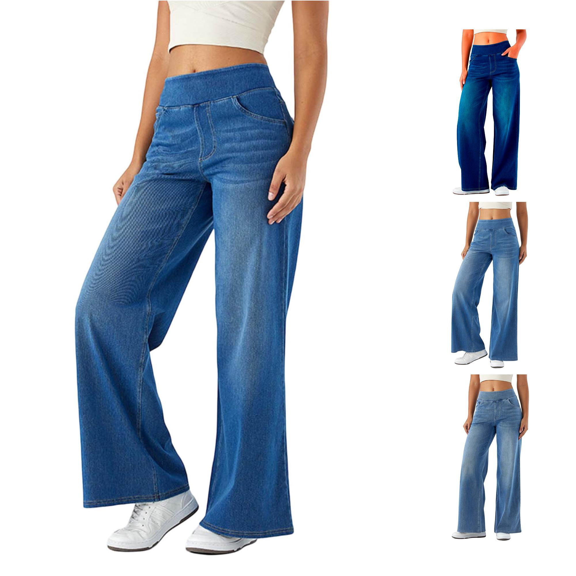 Solthread Womens Wide Leg Jeans Foldover Waist Pull On Relaxed Denim ...