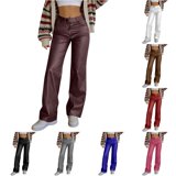 Solthread Womens Wide Leg Pants Leather Look High Waist Straight Leg ...